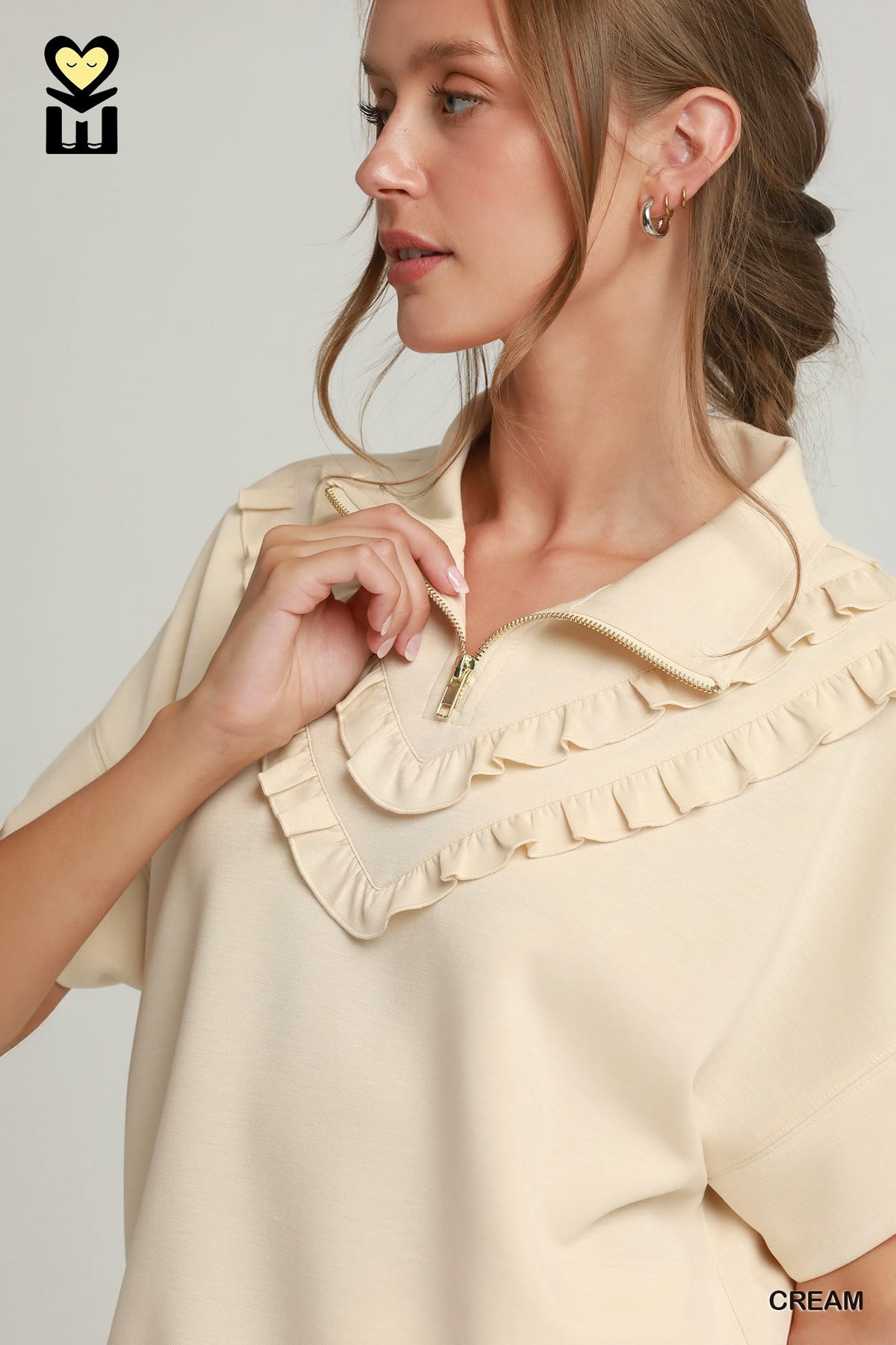 H1085-T Ruffle Quarter Zip Top