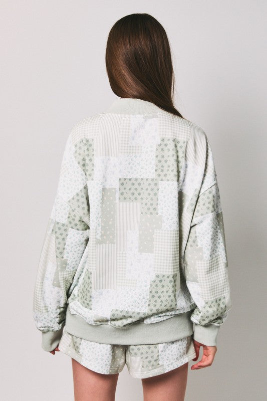 IT6415 Mock Neck Patchwork Print Sweatshirt