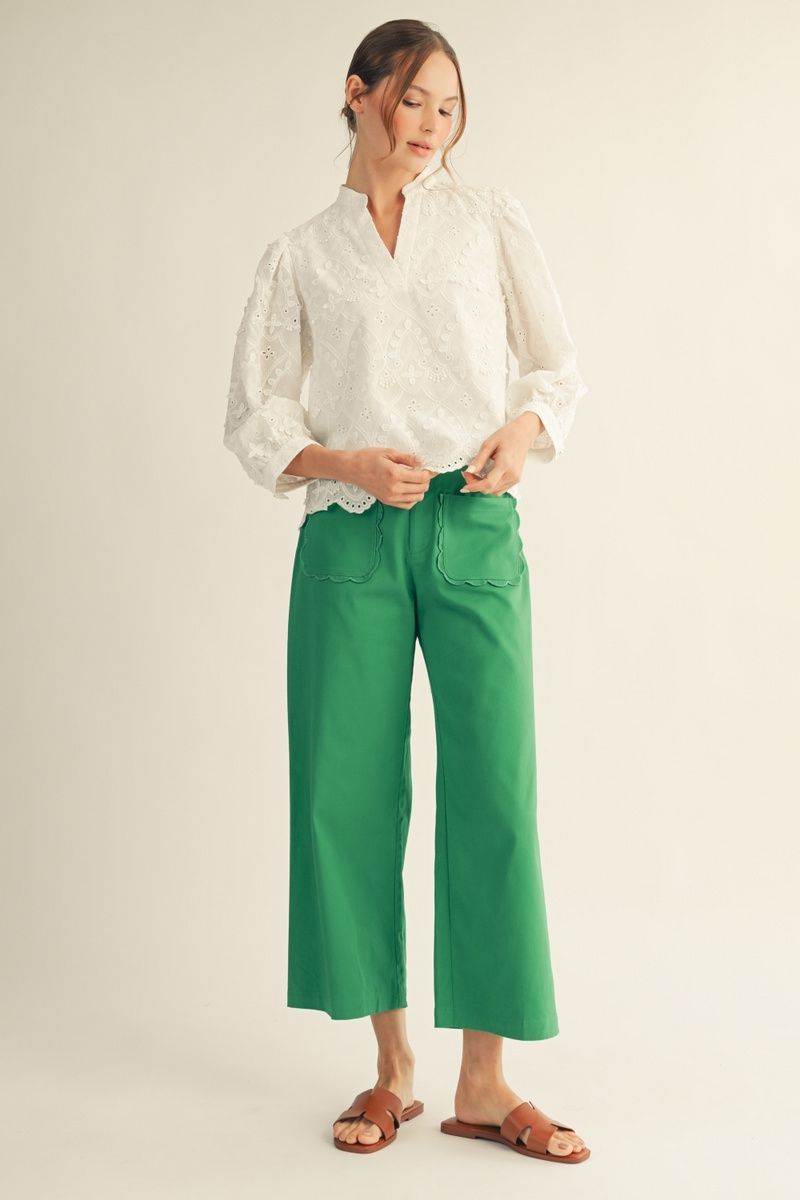 H50021 Scallop Pocket Detail Wide Leg Pants
