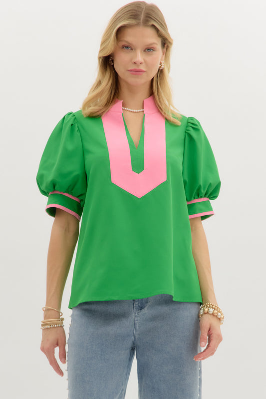 T27335 Solid Bubble Sleeve Top