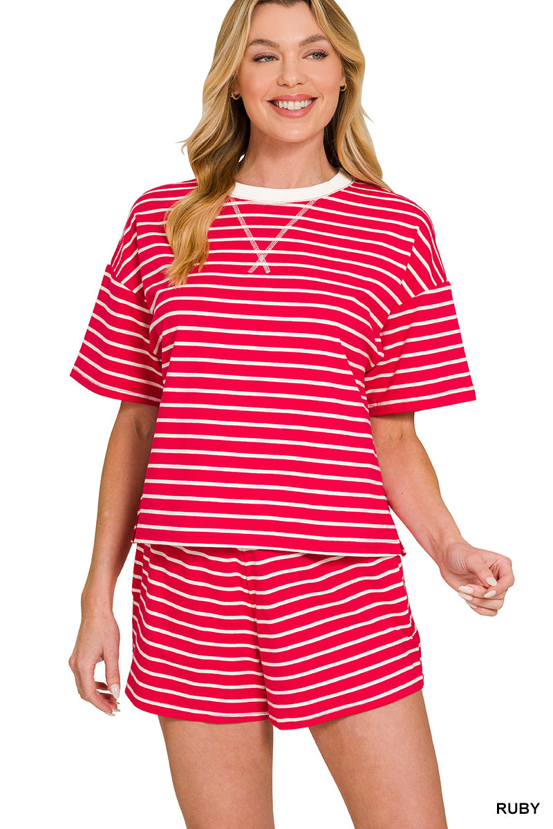 CTCP-3560 Round Neck Striped Shorts Set