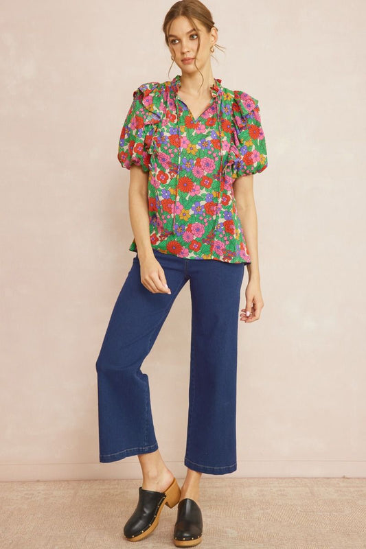 T21322 Floral Print V-Neck Top