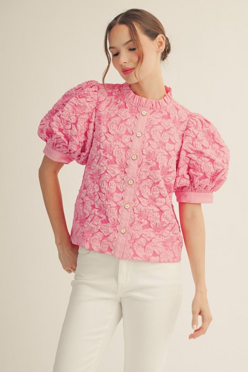 B14031 Button Down Floral Jacquard Top