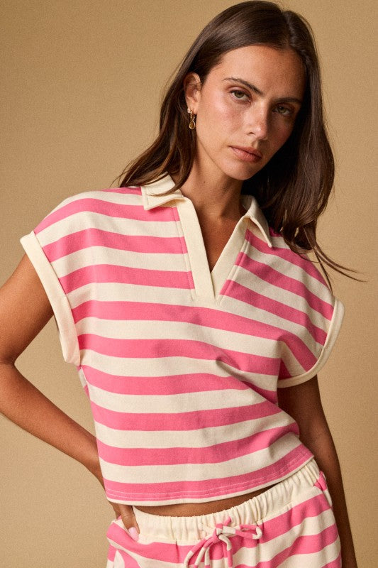 PX19651 Striped Collared Top and Shorts Set