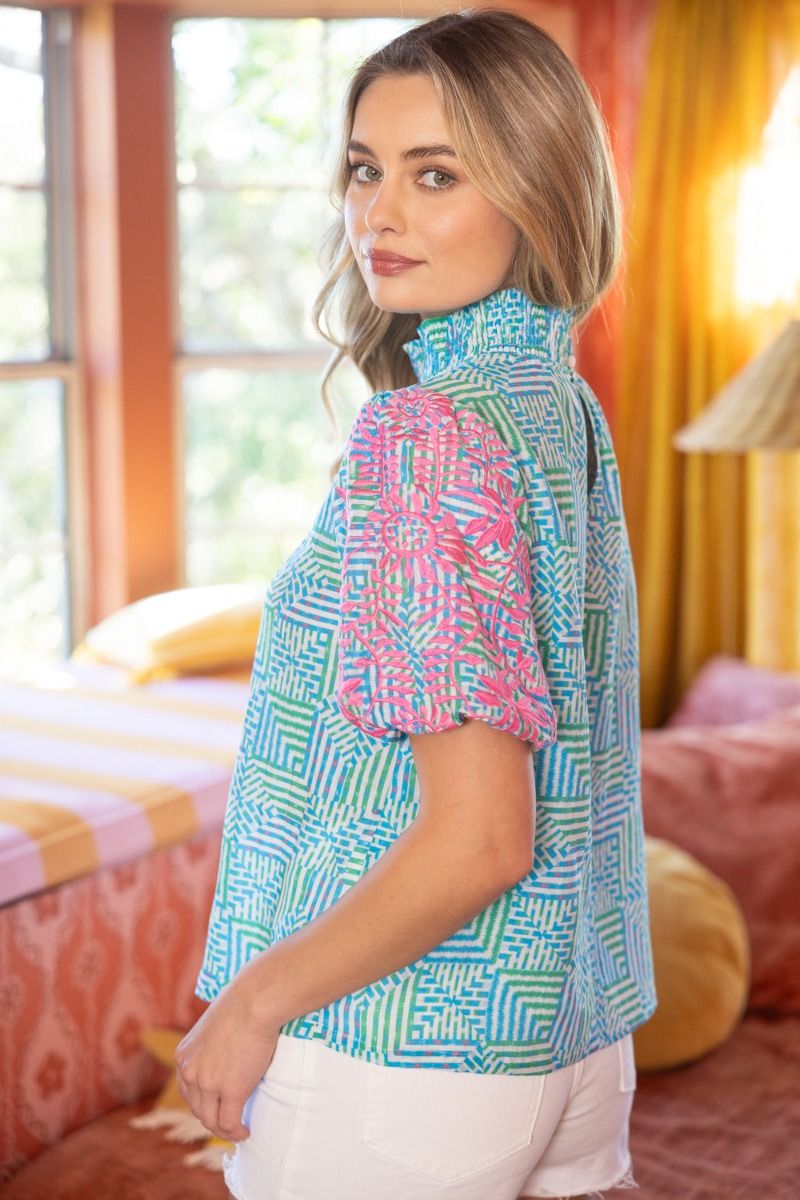 36395 Smocked Mock Neck Embroidered Sleeve Top