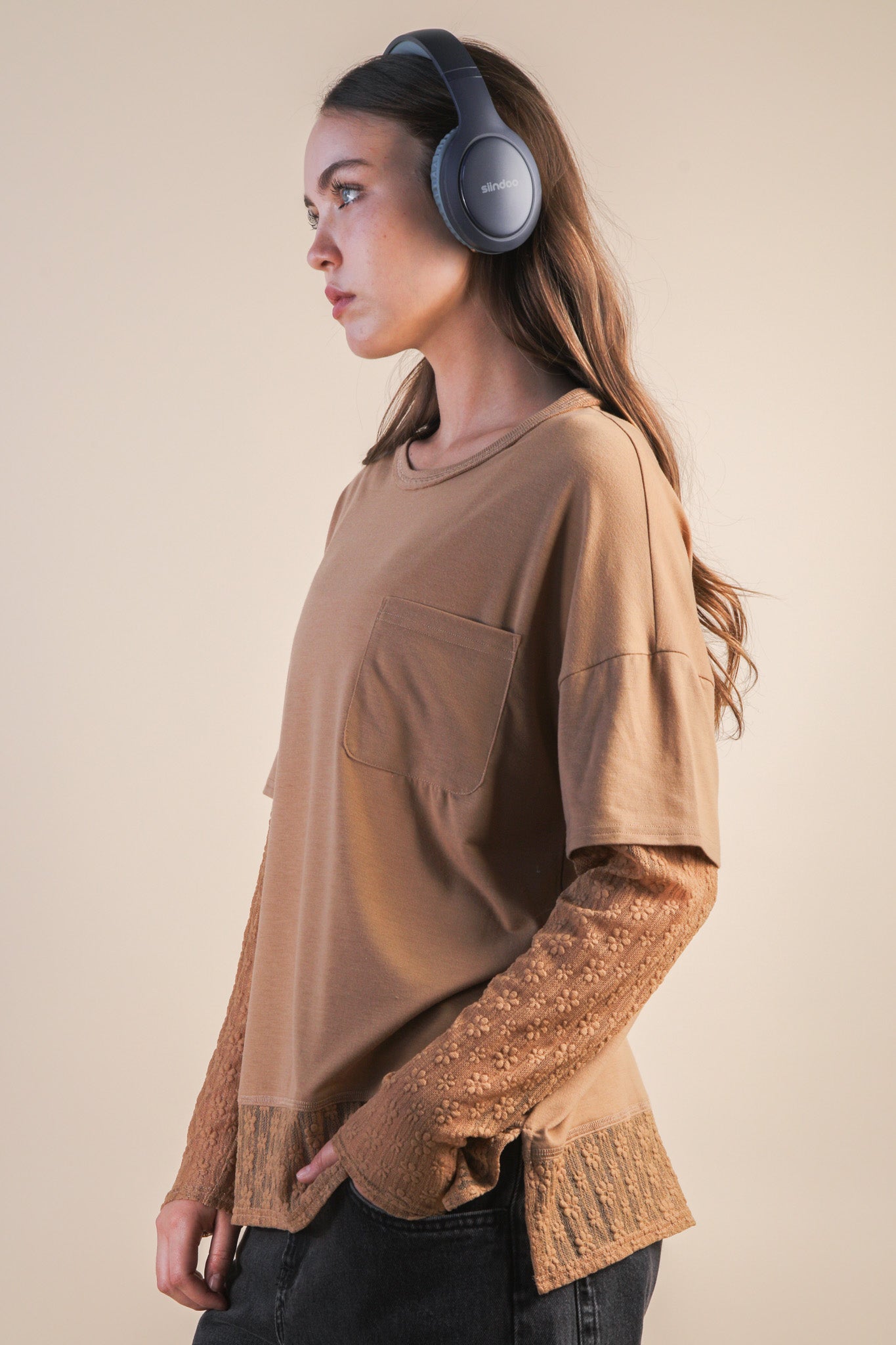 NT12351 Oversized Knit Top with Lace