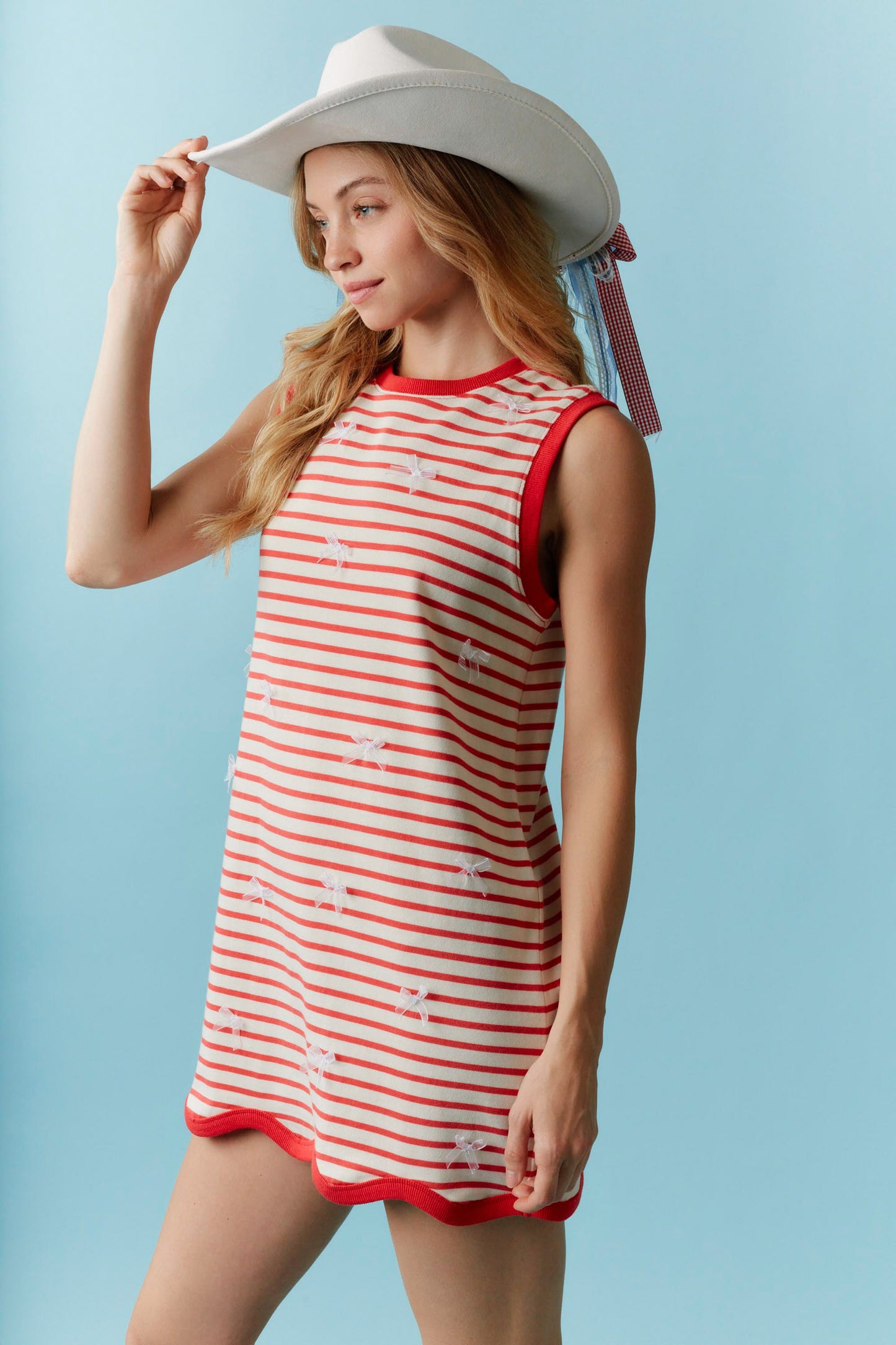 IKD39915-01 Sleeveless Bow Detail Striped Dress