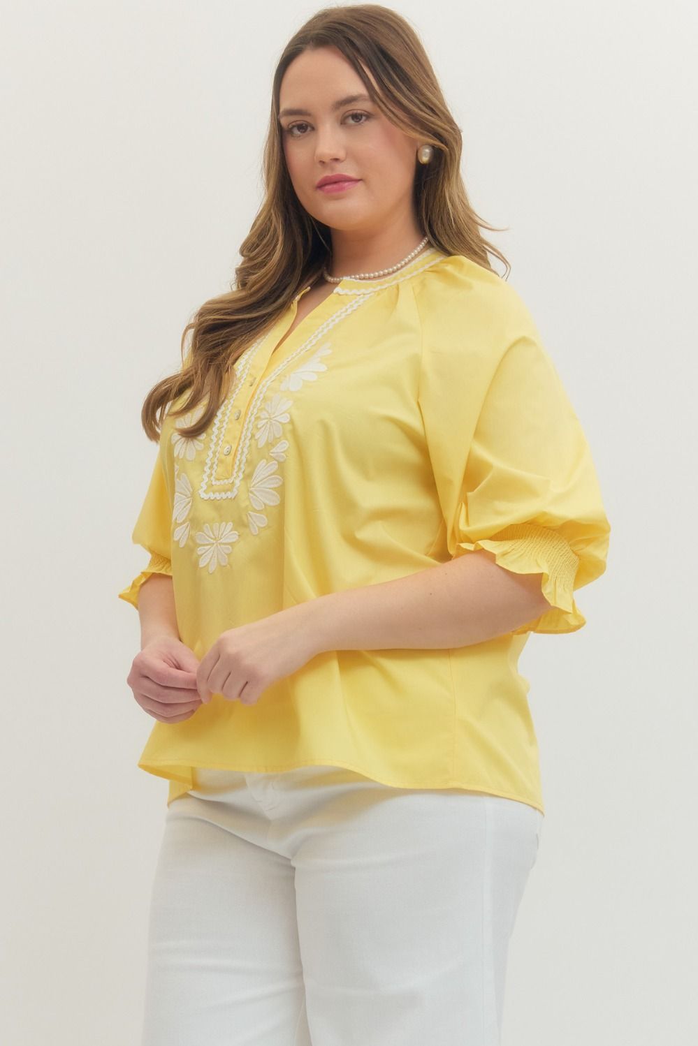 T30286P Curvy Solid Embroidered Top