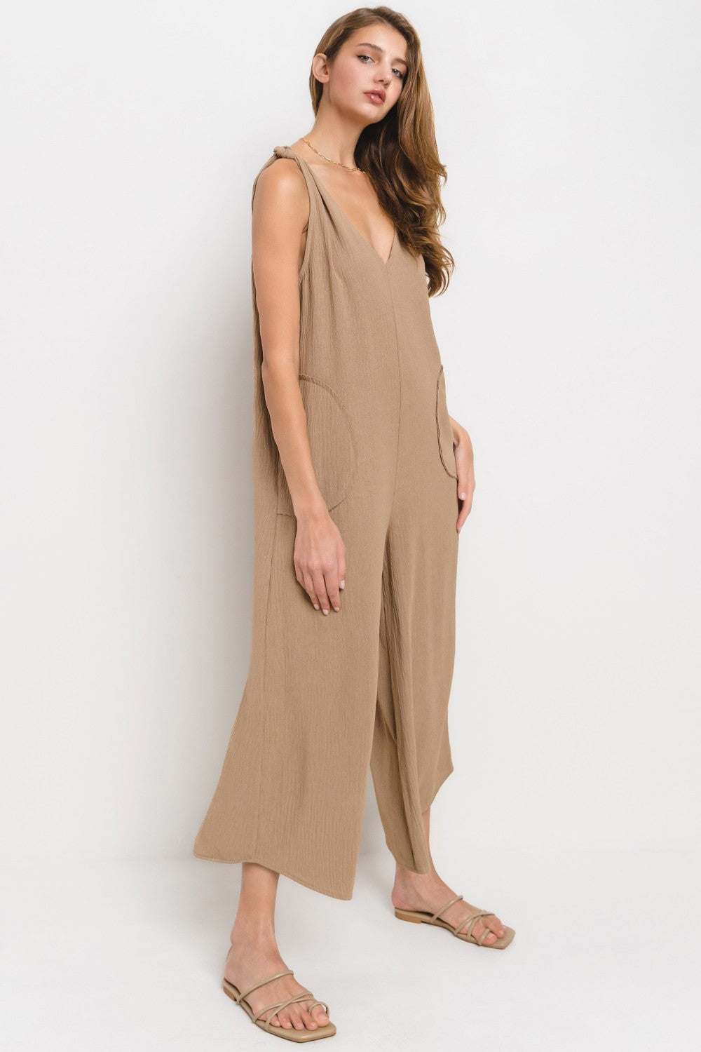 BEU62052SA Solid V-Neck Jumpsuit