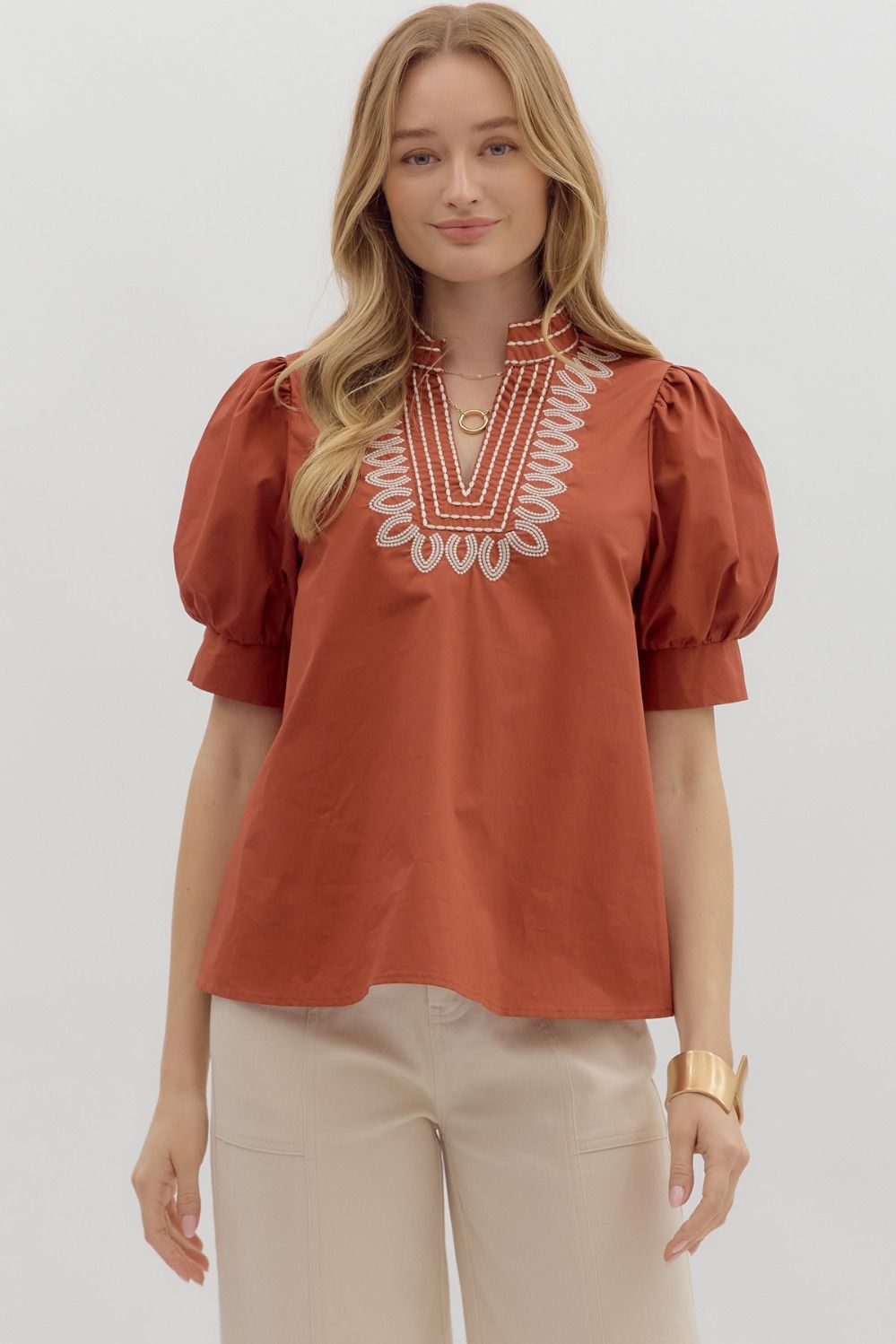 T27464 Solid Puff Sleeve Top