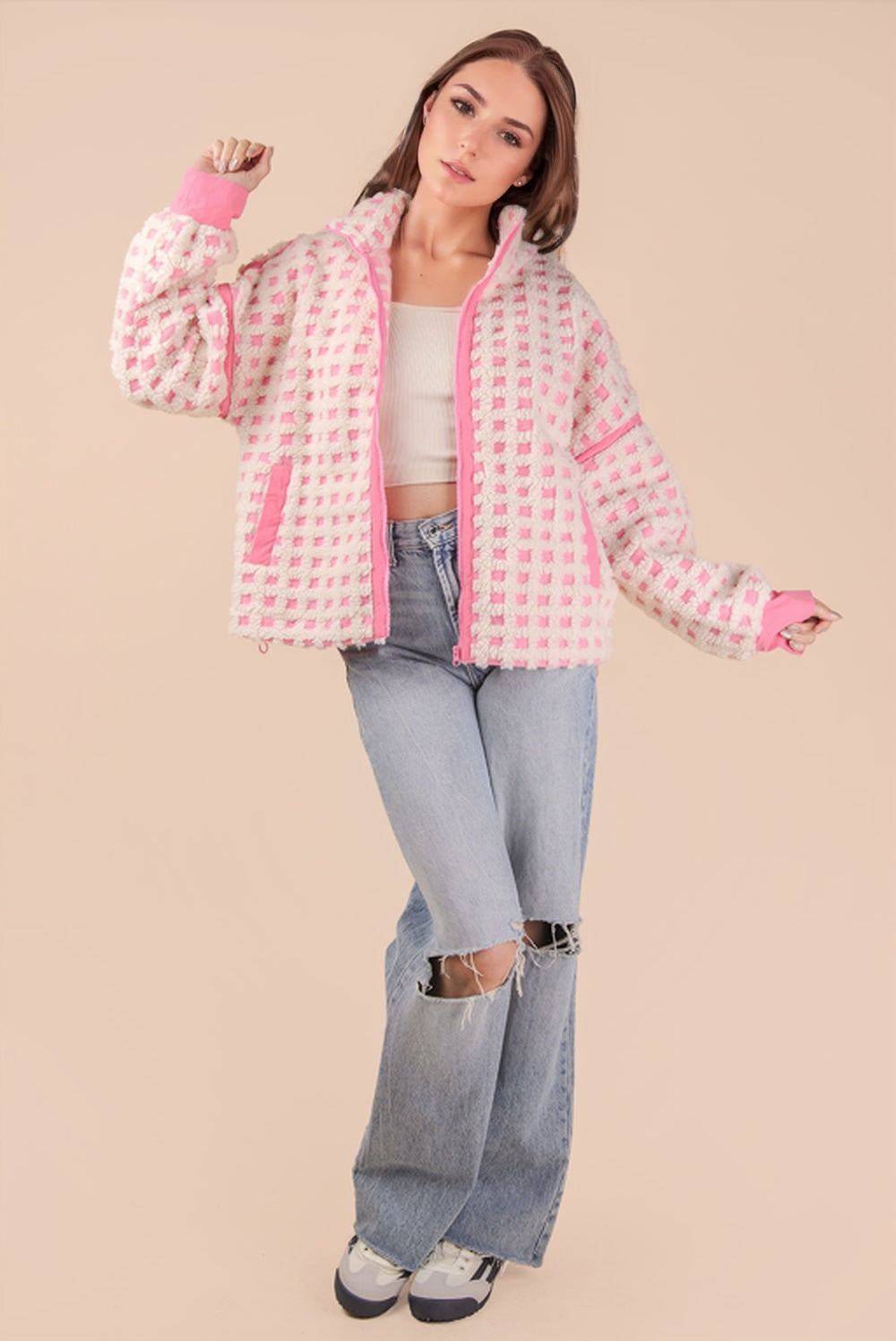 NJ90436 Checker Fleece Jacket