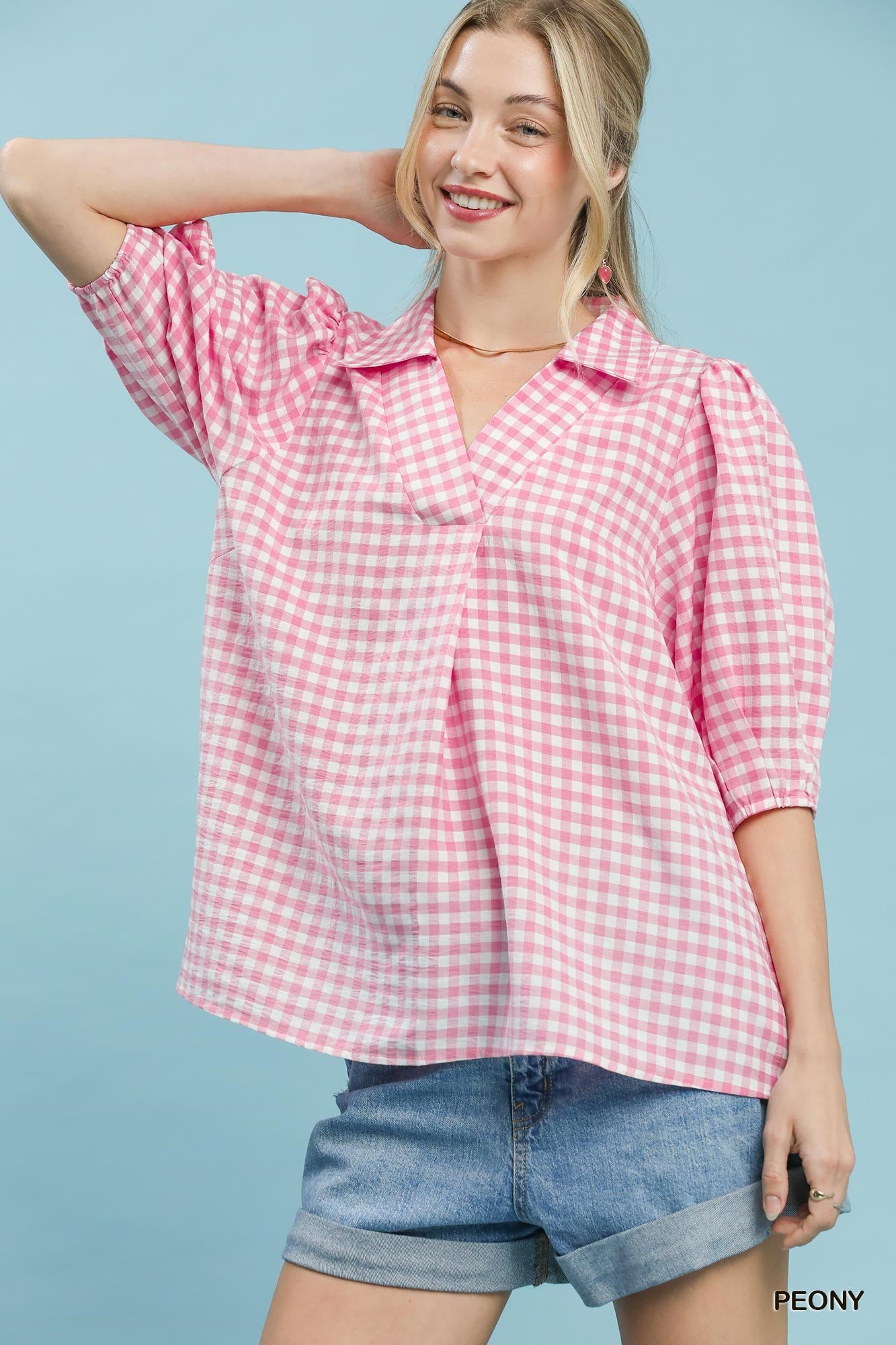 C6390 Gingham Collared Blouse