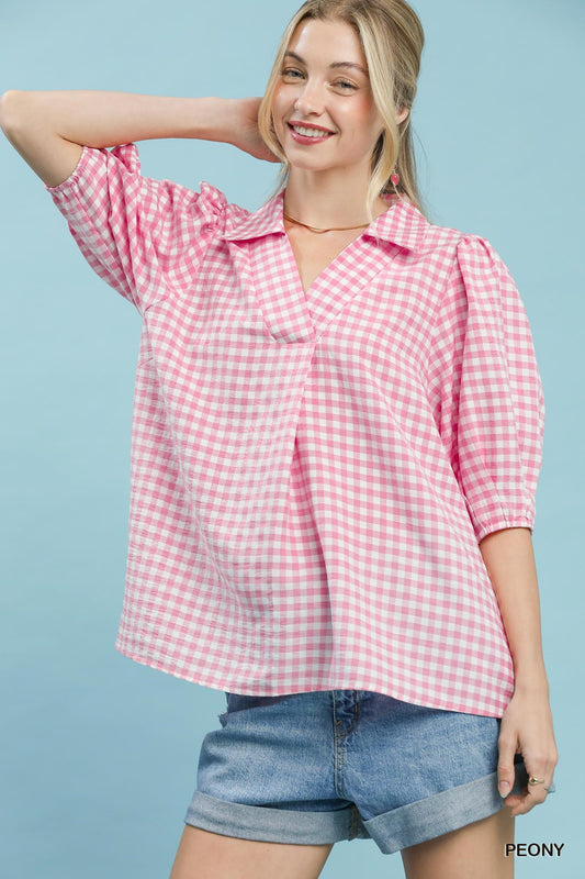 C6390 Gingham Collared Blouse