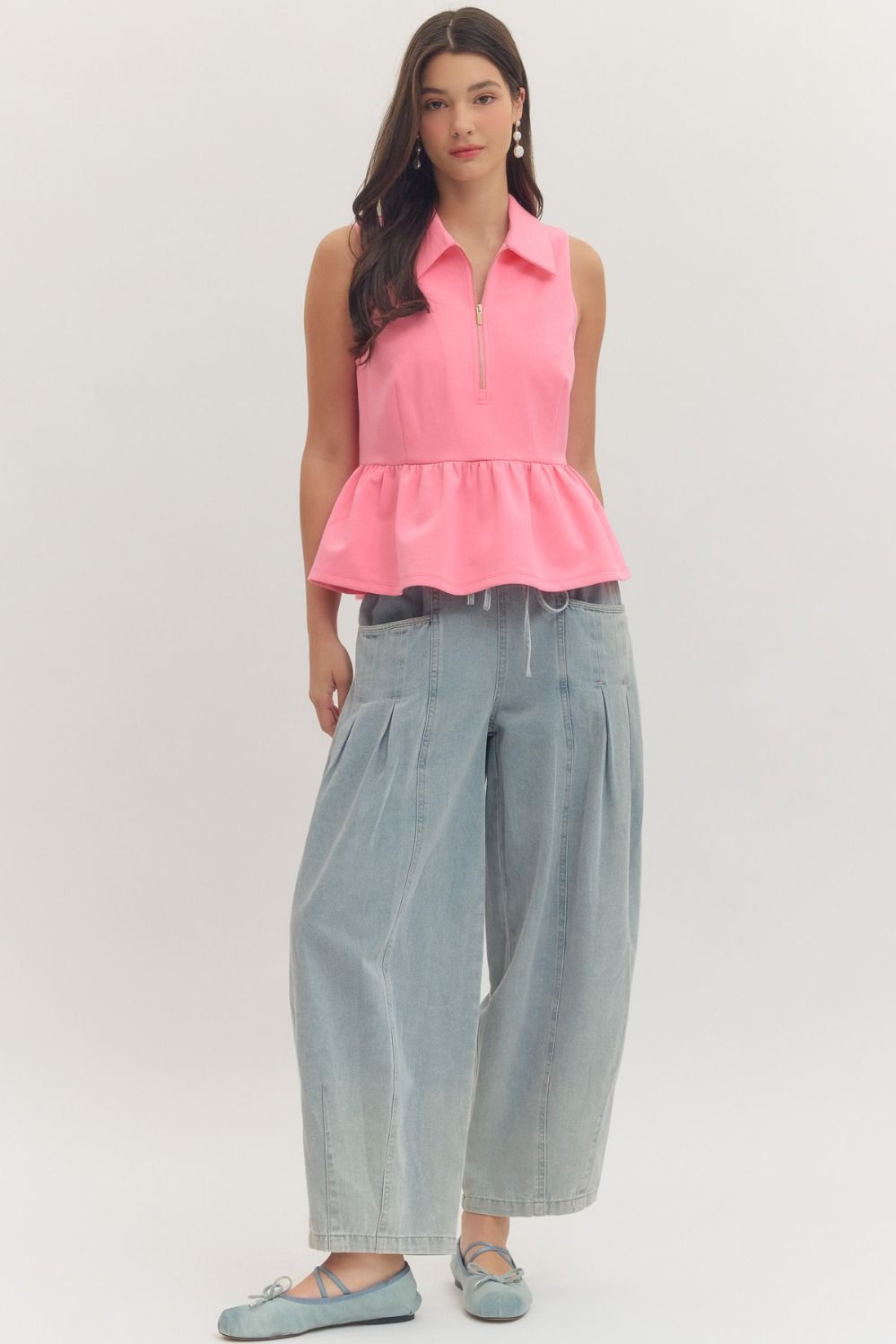 T30057 Solid Sleeveless Peplum Top