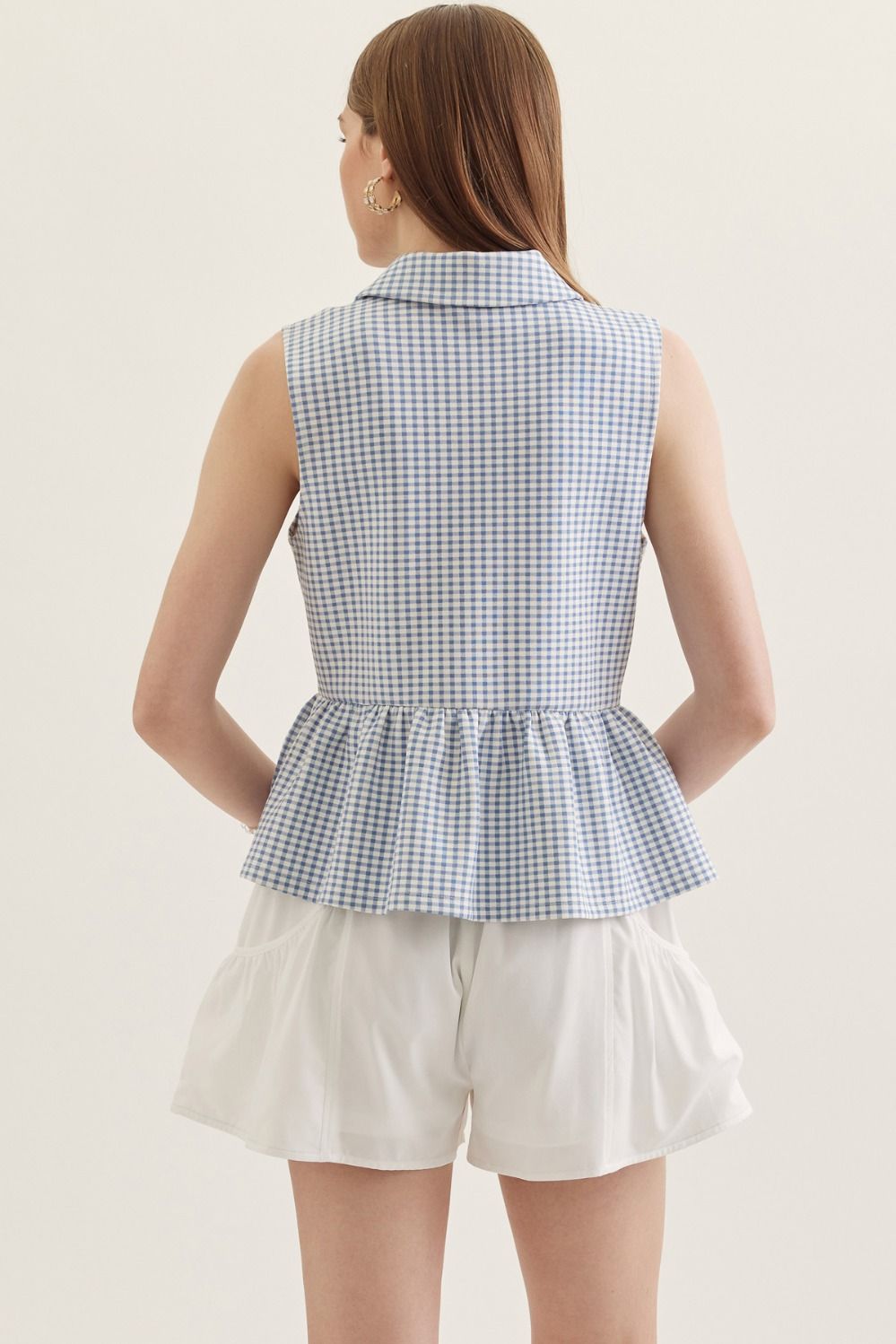 T30068 Gingham Sleeveless Peplum Top