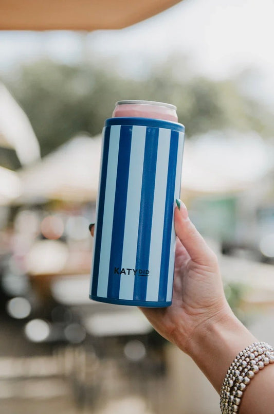 Light Blue and Navy Striped Slim Can Cooler