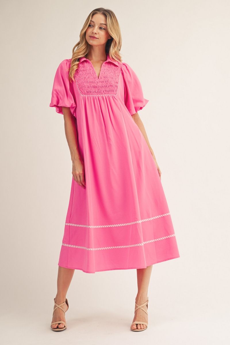 G15631 Front Smocking Detail Midi Dress