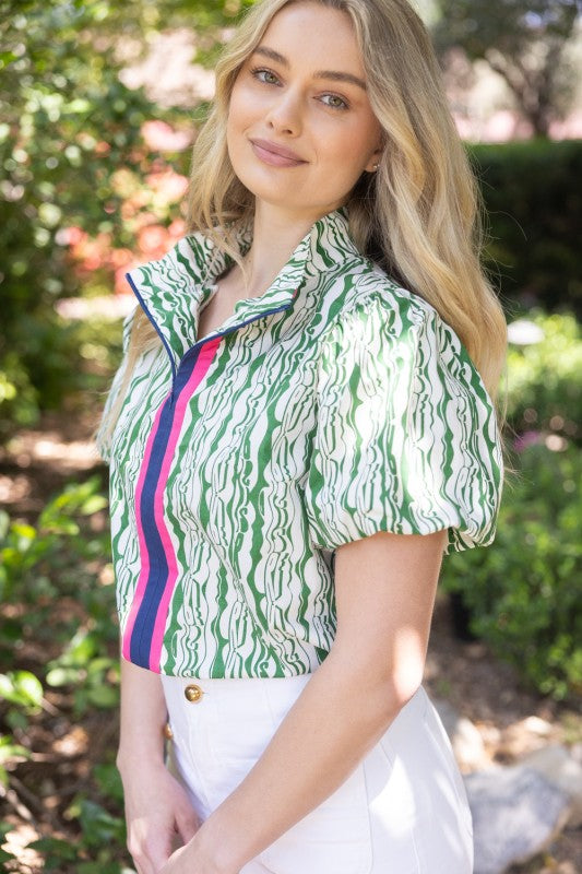 37008 Multi Color Quarter Zip Printed Top