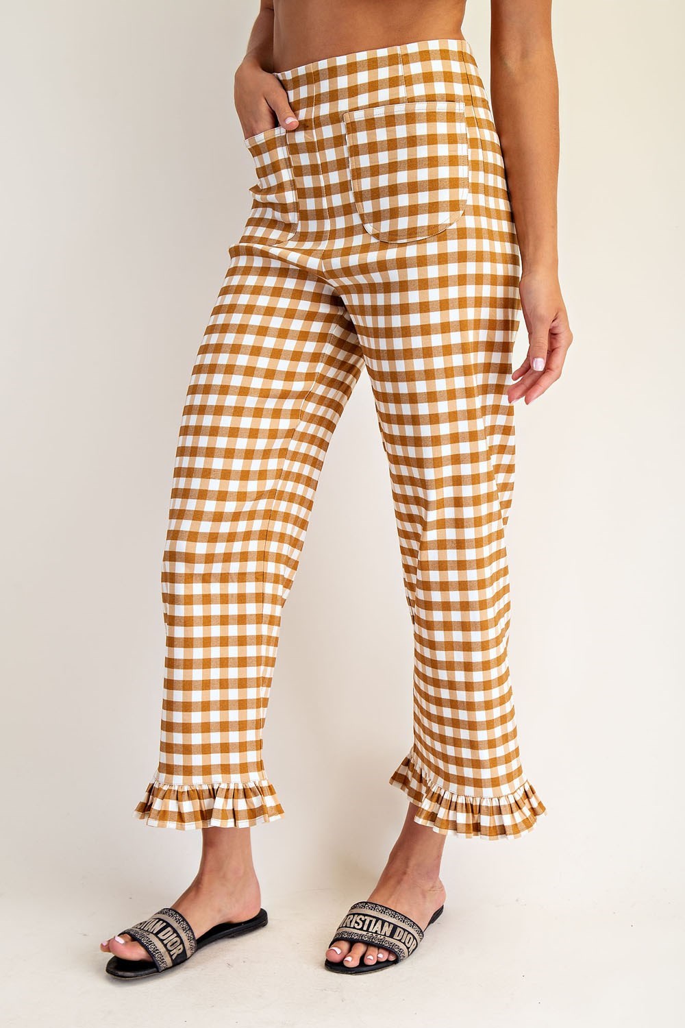 PK14573 Gingham Ruffle Trim Straight Leg Pants