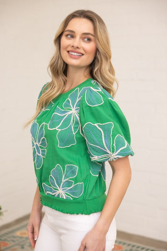 36711 Contrast Band Detailed Floral Embroidery Top