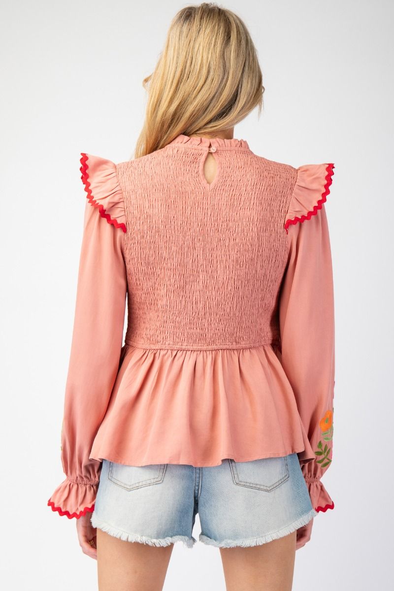 ET71136 Smocked Bodice Peplum Top