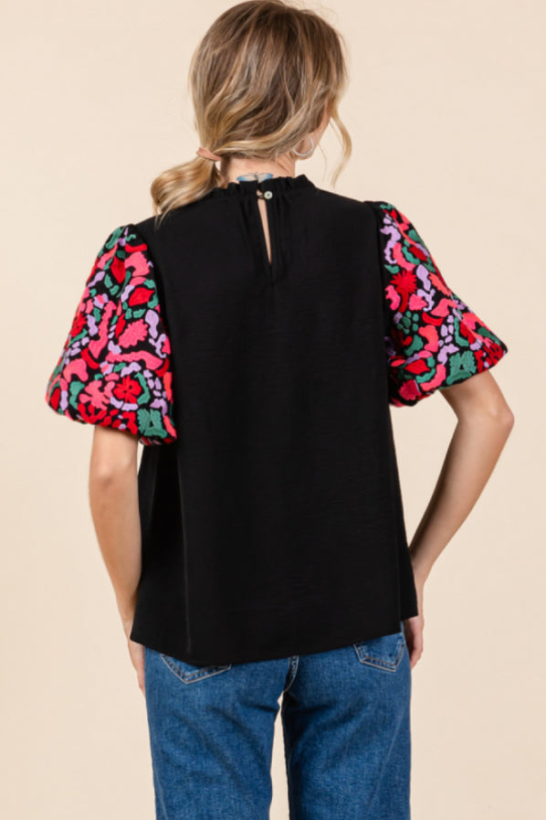 H11306 Embroidered Puff Sleeve Top