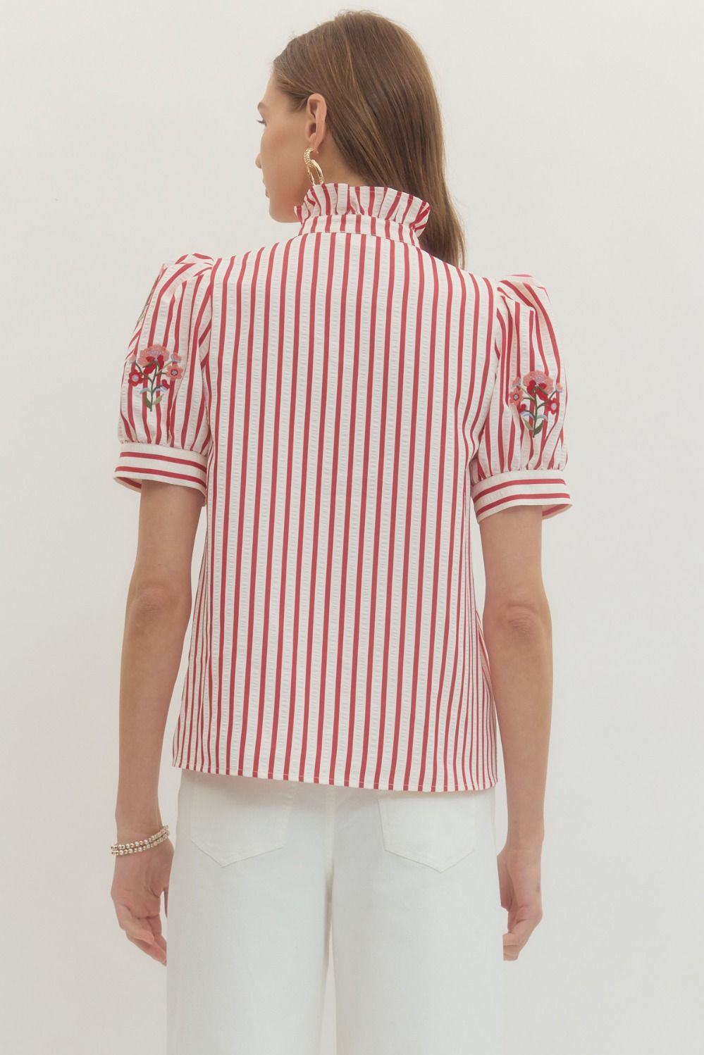 T29683 Striped Floral Embroidered Top