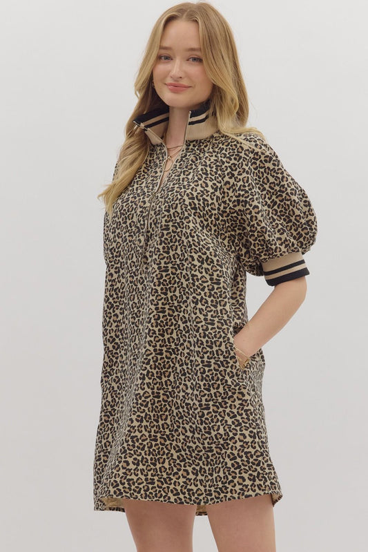 D28113 Leopard Print Puff Sleeve Mini Dress
