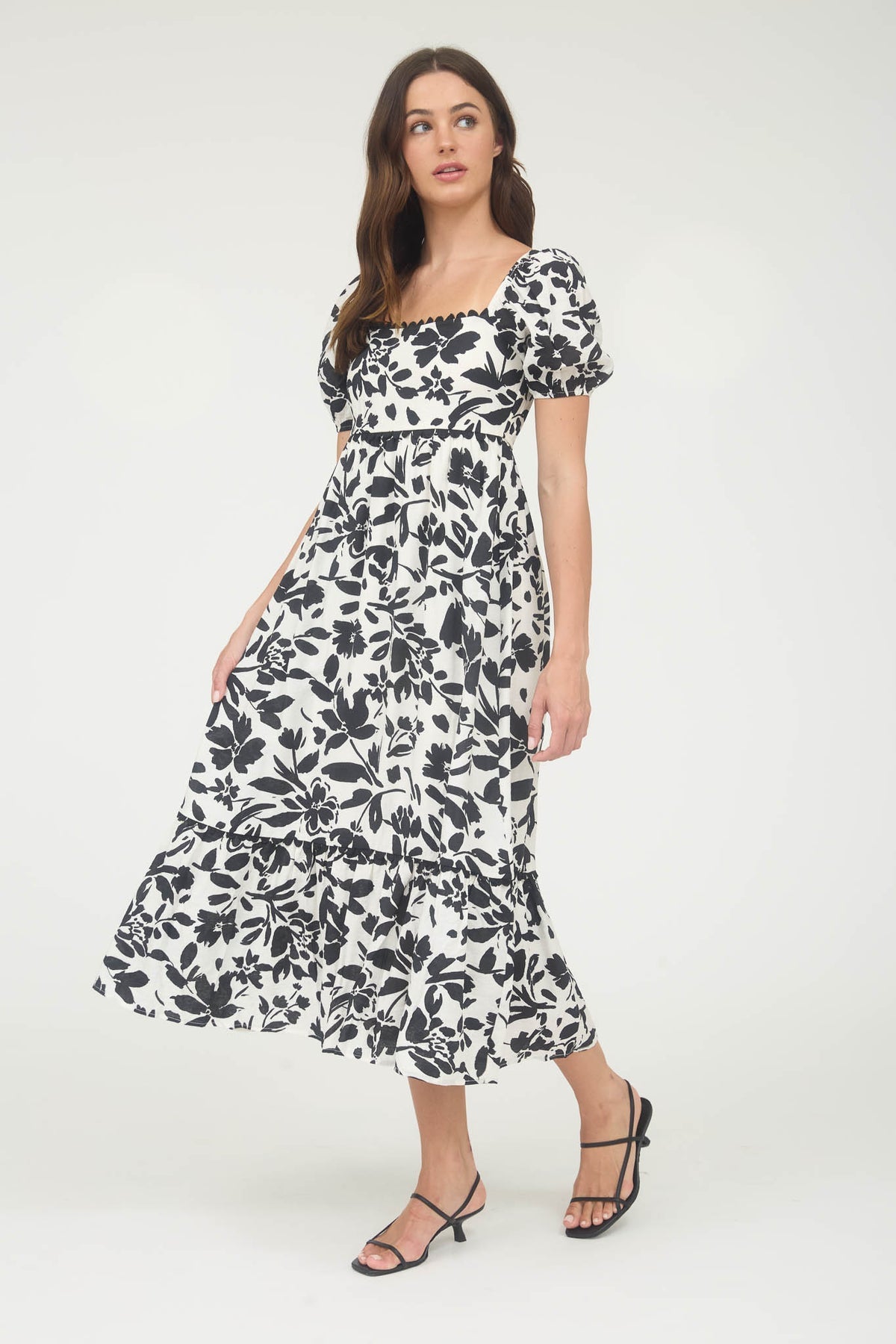 CR2559 Floral Puff Sleeve Midi Dress