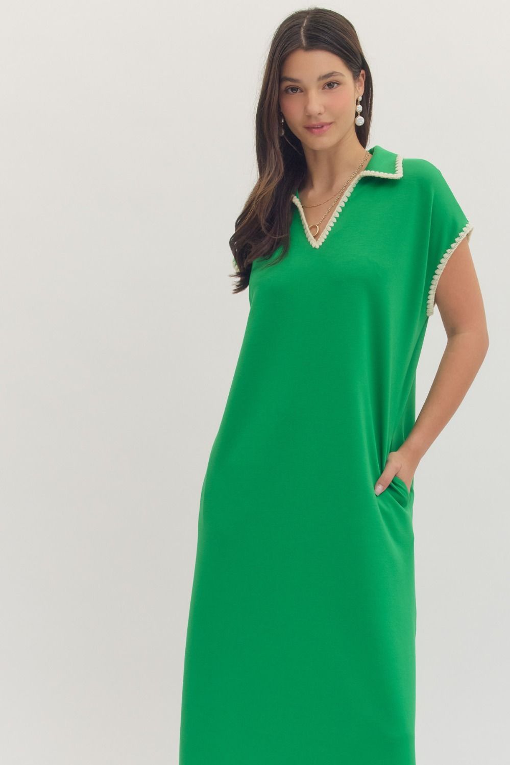 D31369 Solid Contrast Trim Midi Dress