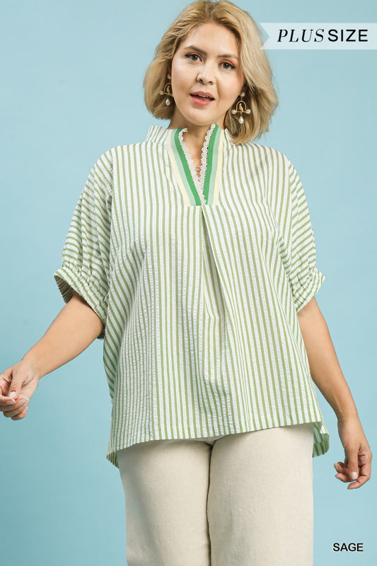 WK1773 Curvy Striped Top with Lace Trim Detail