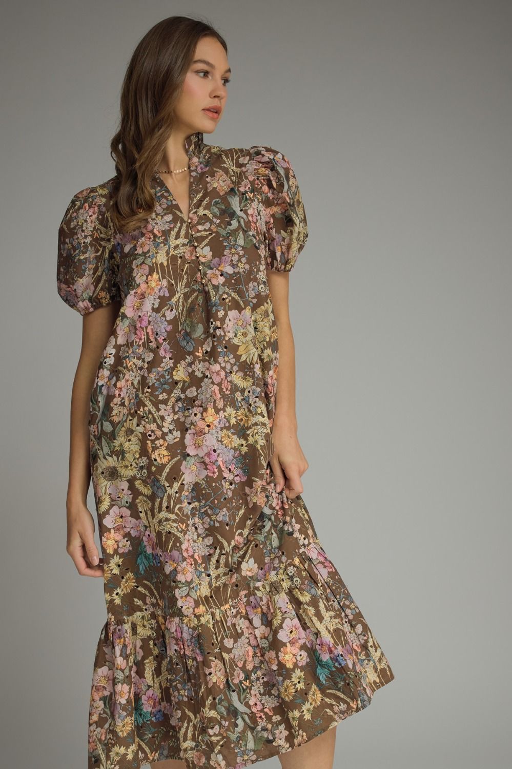 D32053 Floral Eyelet Midi Dress
