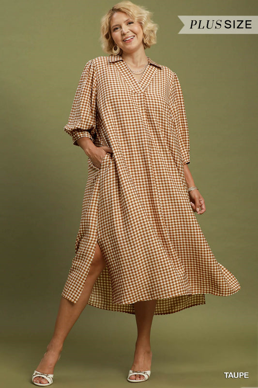 WC6697 Curvy Gingham Check Midi Dress