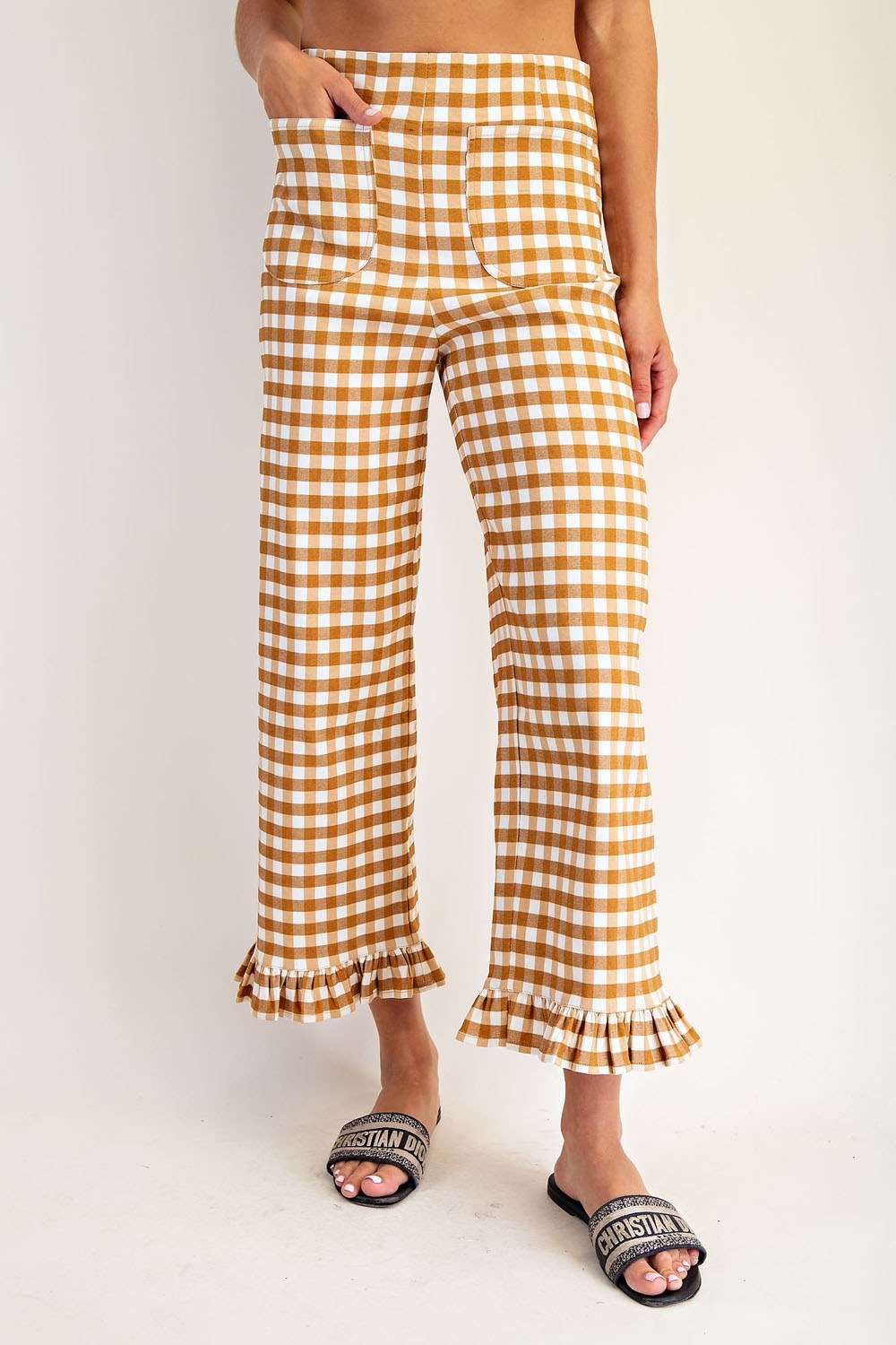 PK14573 Gingham Ruffle Trim Straight Leg Pants