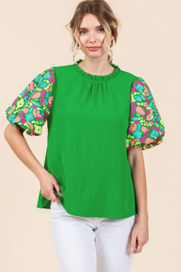 H11306 Embroidered Puff Sleeve Top