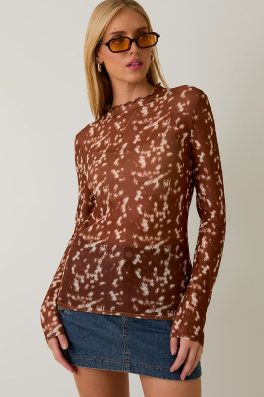 MT10693-1 Mock Neck Mesh Print Top
