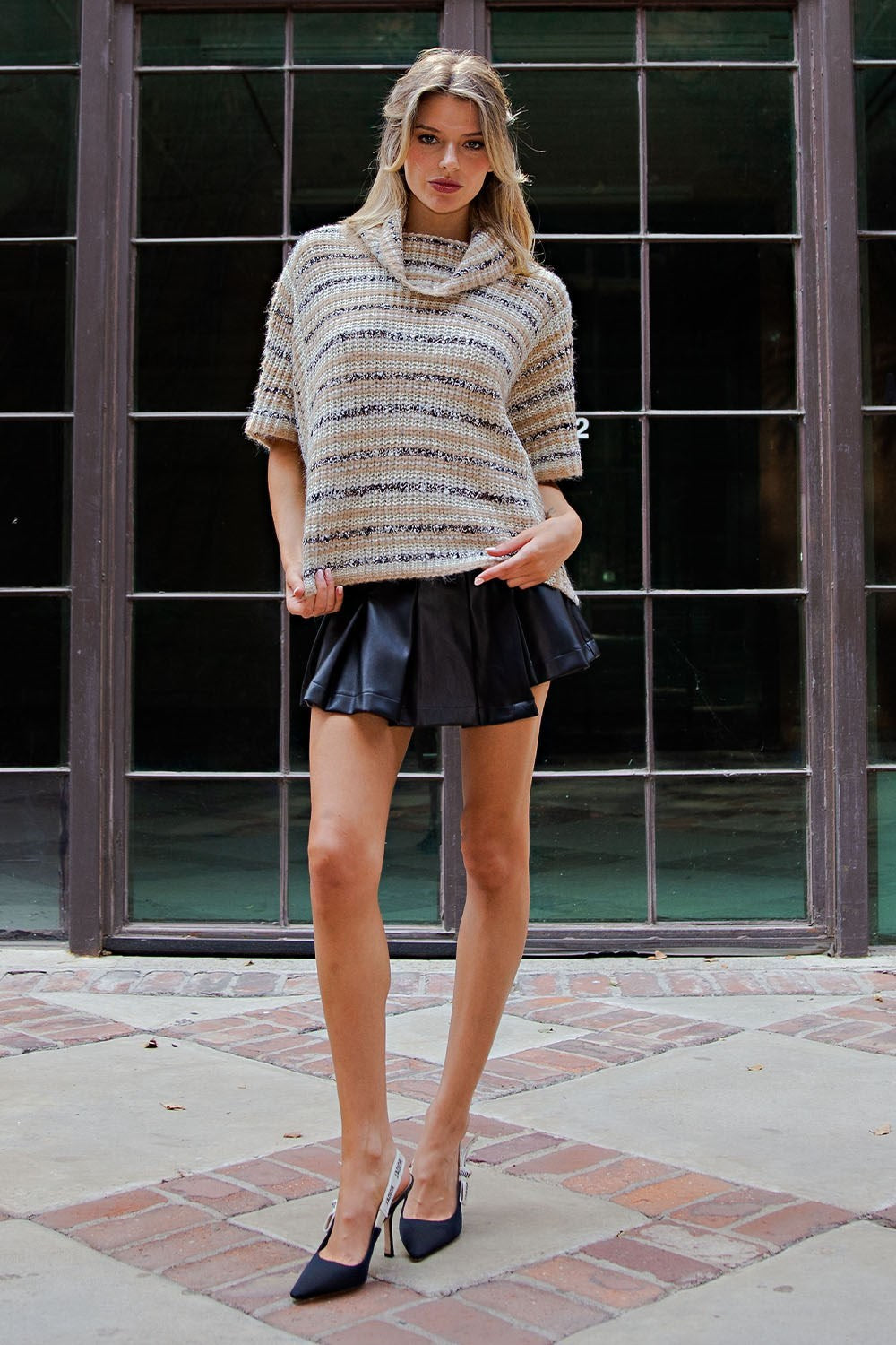 SH12980 Striped Boucle Turtleneck Sweater