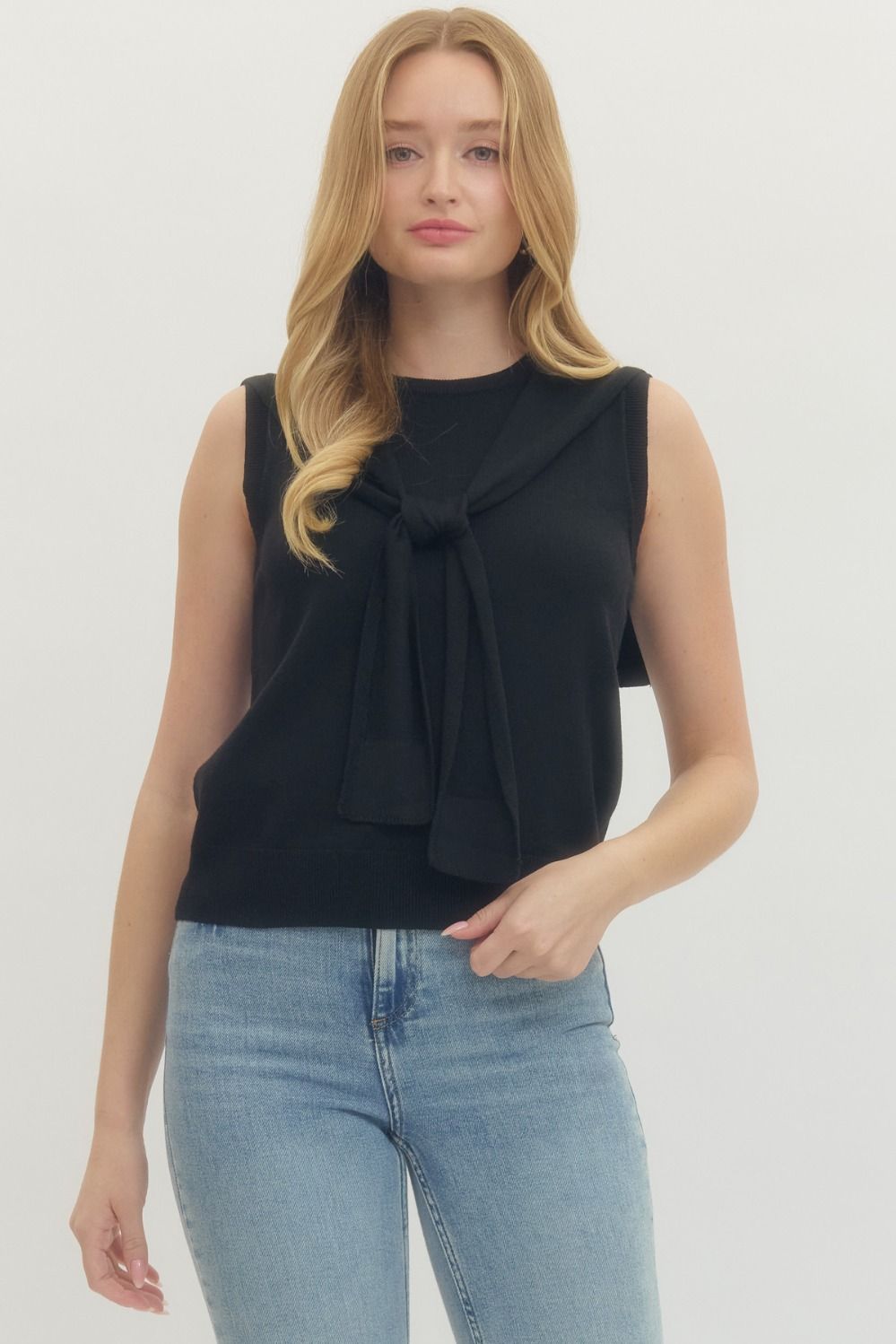T29421 Solid Scarf Accent Sleeveless Top