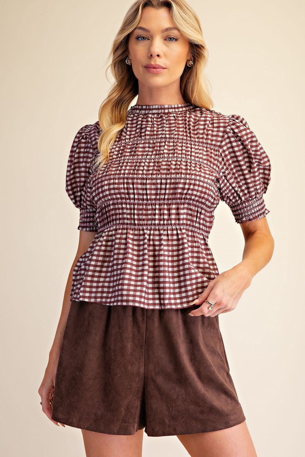 T9306 Plaid Smocked Puff Sleeve Top