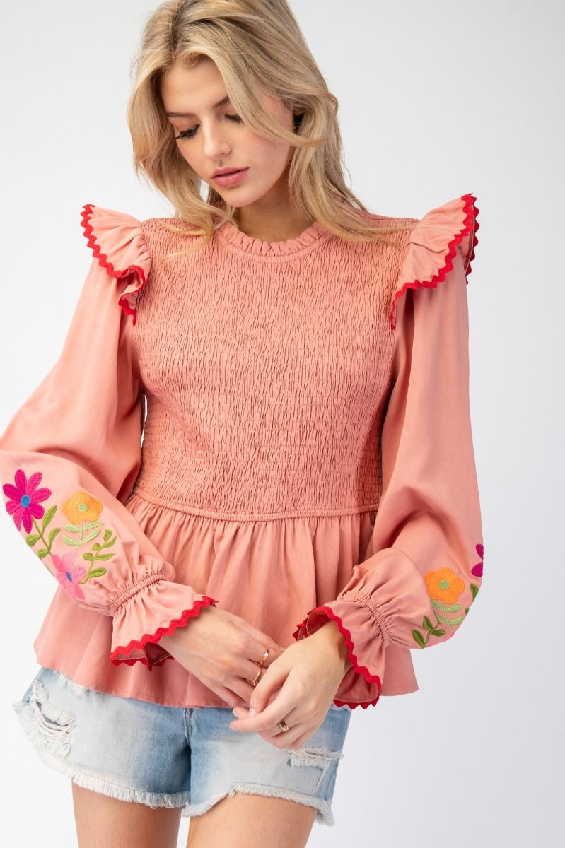 ET71136 Smocked Bodice Peplum Top