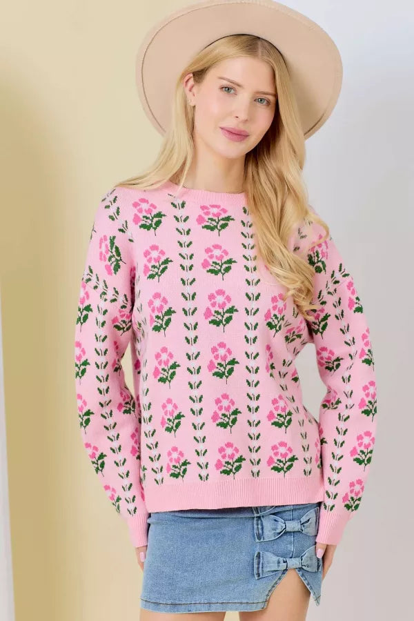 CL20865 Floral Border Jacquard Sweater