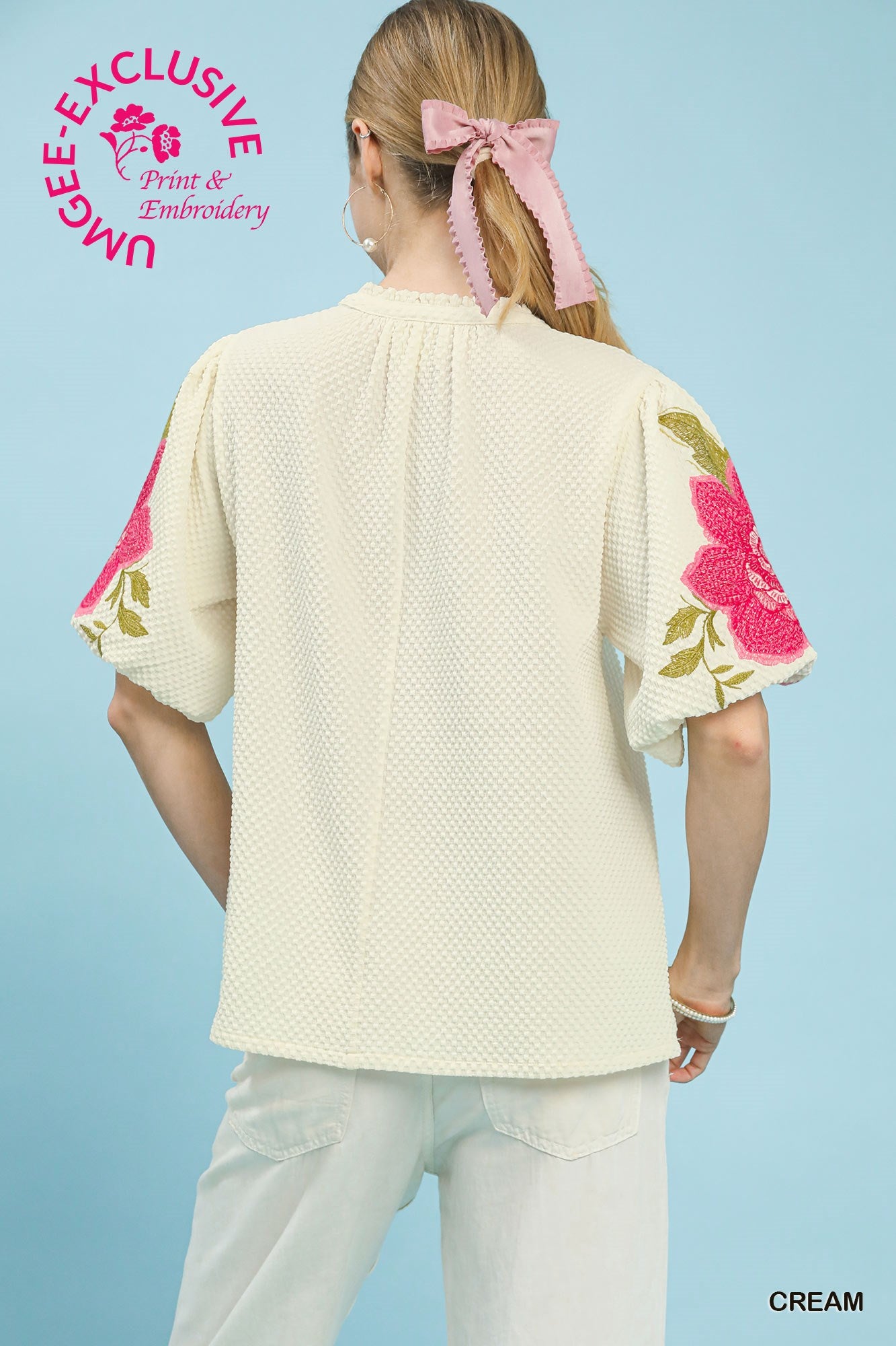 K1858 Textured Jacquard Bubble Sleeve Top