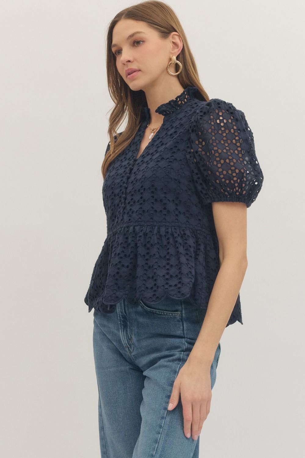 T30420 Short Sleeve Eyelet Top