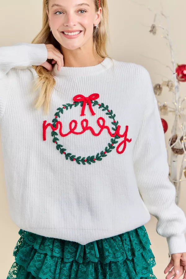 CL21050 Merry Embroidered Wreath Sweater