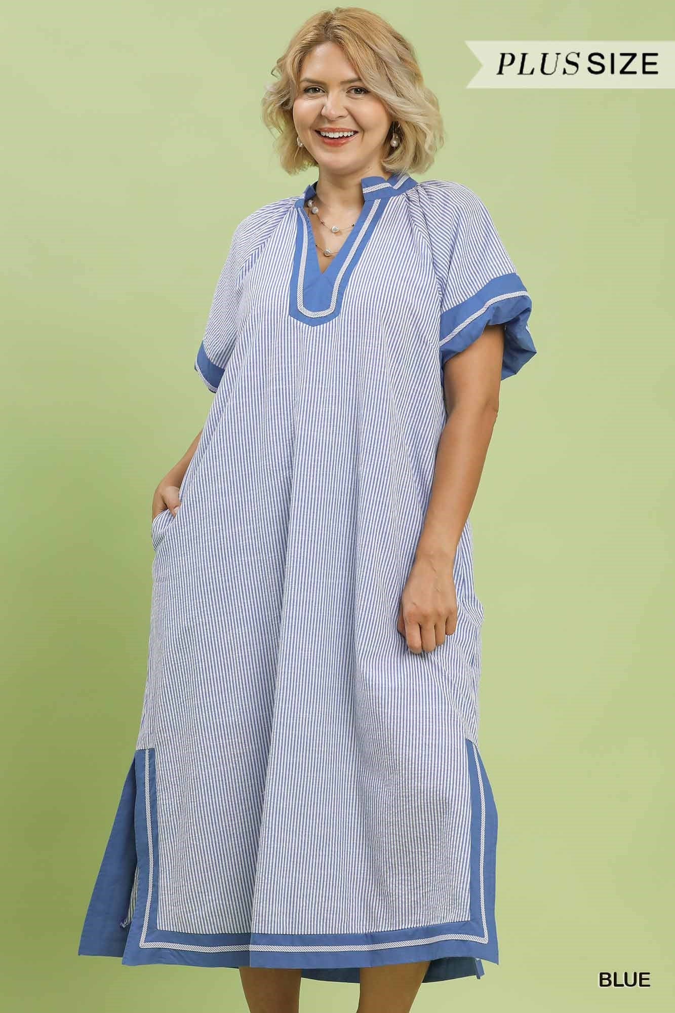 WK2097 Curvy Pinstripe Contrast Trim Midi Dress
