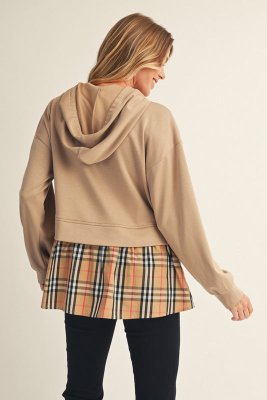 G12418-2 Plaid Accent Hooded Top