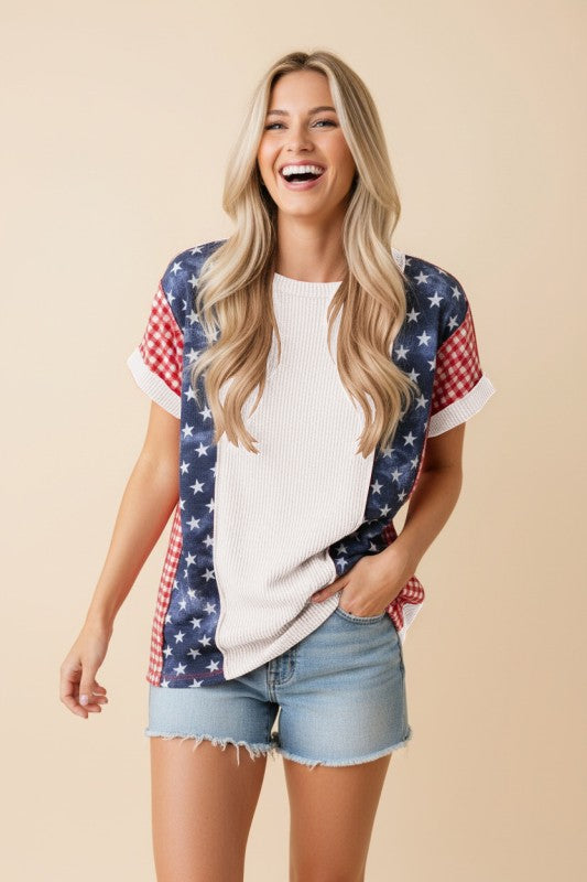 ET7907-15 Solid and Star Print Top