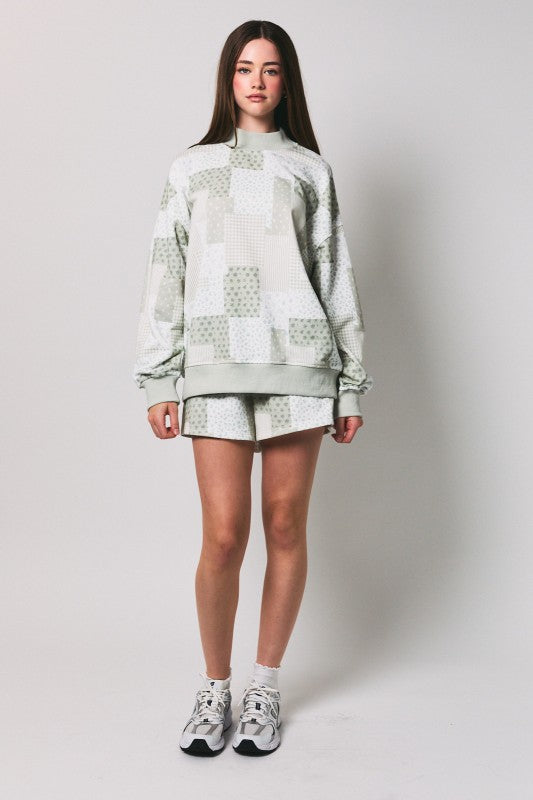 IT6415 Mock Neck Patchwork Print Sweatshirt