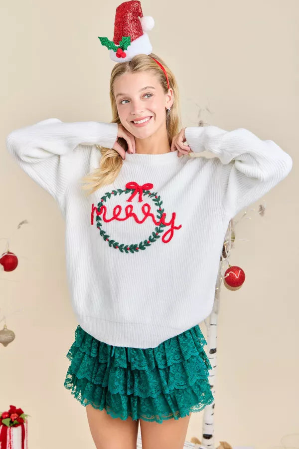 CL21050 Merry Embroidered Wreath Sweater