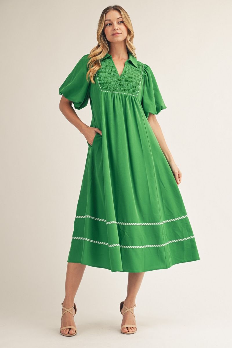 G15631 Front Smocking Detail Midi Dress